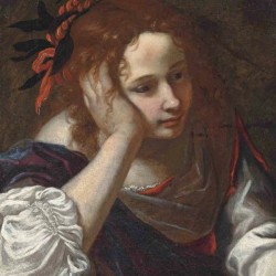 A young girl in a red dress with a purple cloak, her head resting on her hand